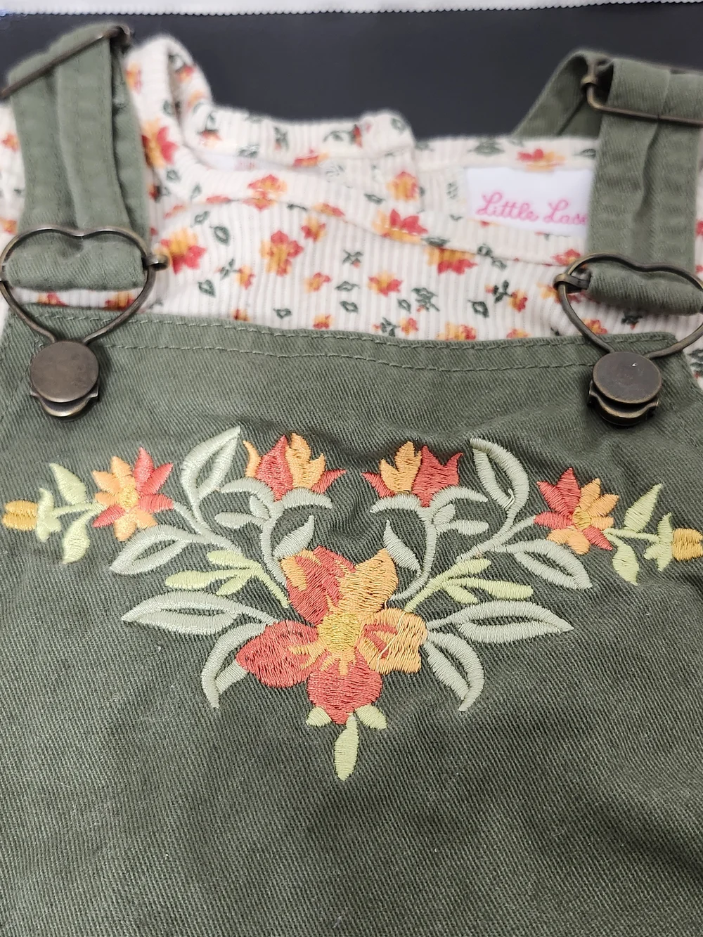 Girls 4 Olive Green Floral Embroidered Overall Shorts Set Shortalls 2 Piece Set - Picture 9 of 10
